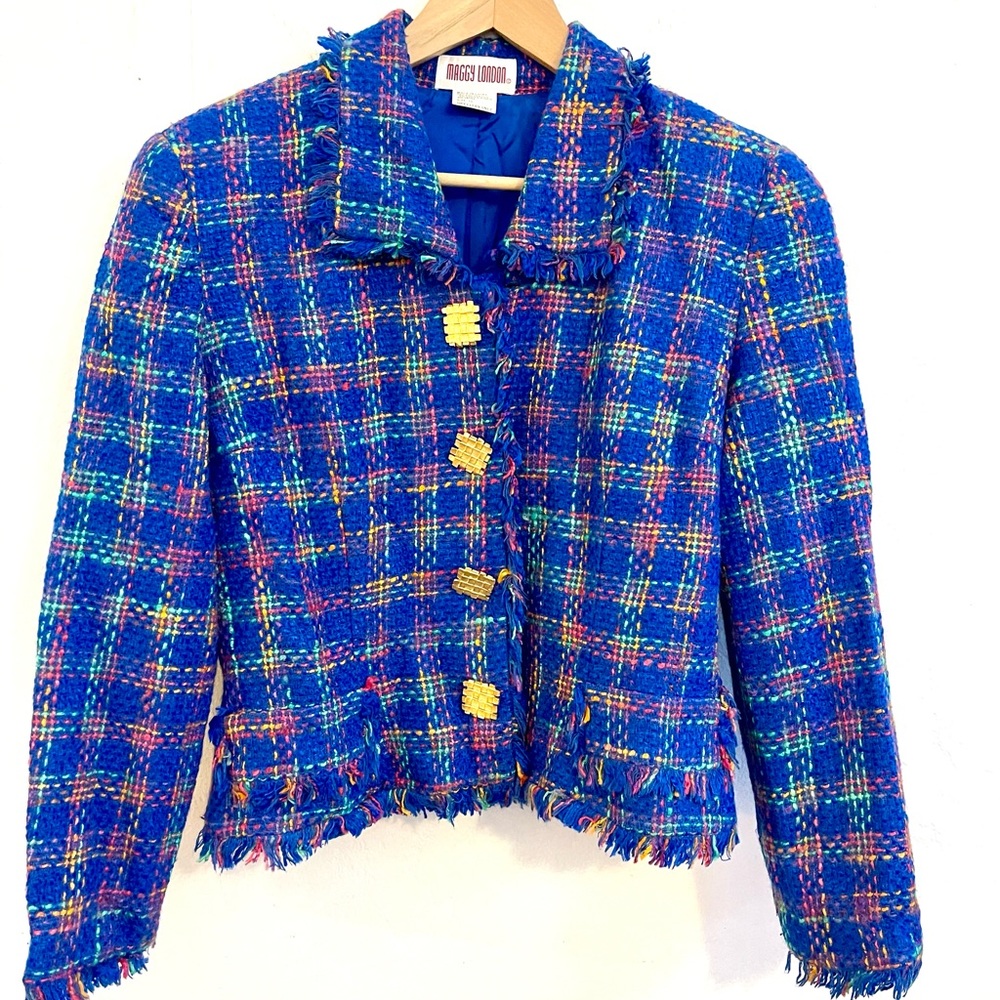Vintage Bright Blue Plaid Neon Pink Green Business Fringe Blazer Suit Coat - Picture 2 of 14